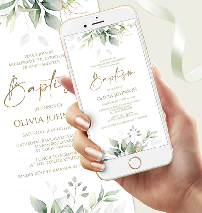Greenery Baptism Invitation | Editable Digital Evite