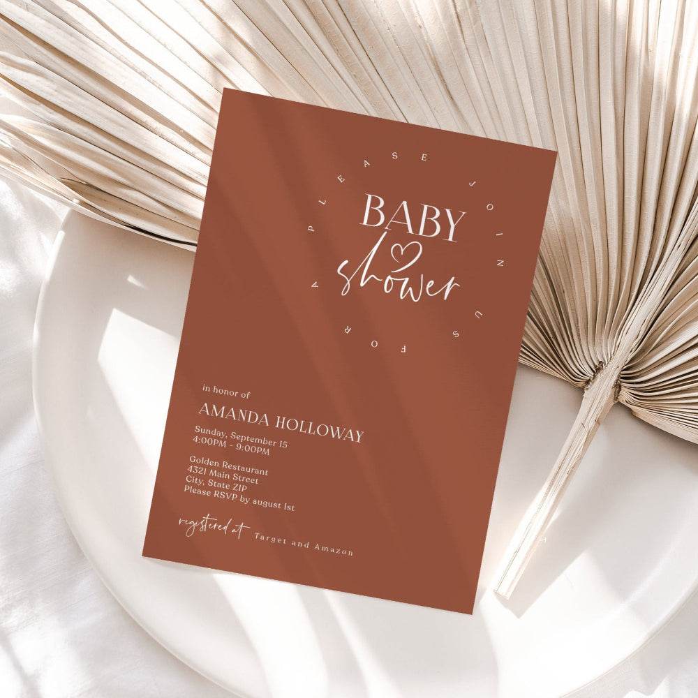 Minimalist Baby Shower Invitation Template – Terracotta Editable Invite | Printable Baby Shower Card | Email Text Message Digital Download