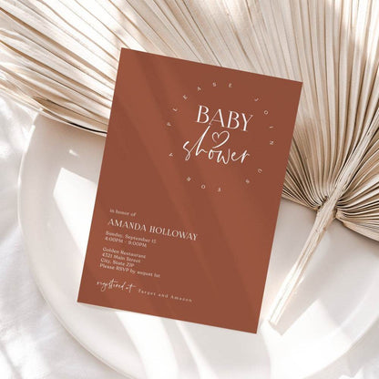 Minimalist Baby Shower Invitation Template – Terracotta Editable Invite | Printable Baby Shower Card | Email Text Message Digital Download