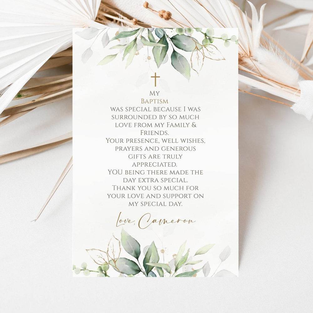 Editable Baptism Thank You Card Template – 4x6 Printable Greenery Watercolor Note | Baptism Thank You Evite | Digital Download