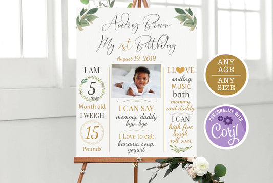 Greenery 1st birthday Boy, Girl Milestone Birthday Welcome Sign | Editable Template Printable Botanical Boy Girl Birthday | Instant download