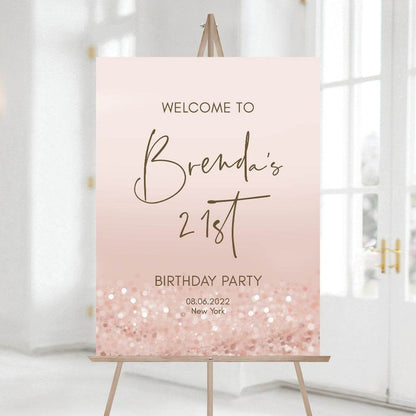 21st Birthday Welcome Sign Template – Editable Pink & Rose Gold Confetti Welcome Poster | Modern Twenty One Party Sign | Instant Digital Download