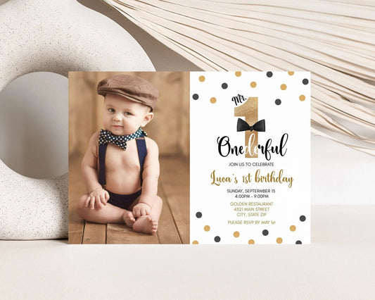 Printable Mr ONEderful Birthday Invitation with Photo, Editable 1st Birthday Invitation Template, Boy Birthday Invite One, Instant Download