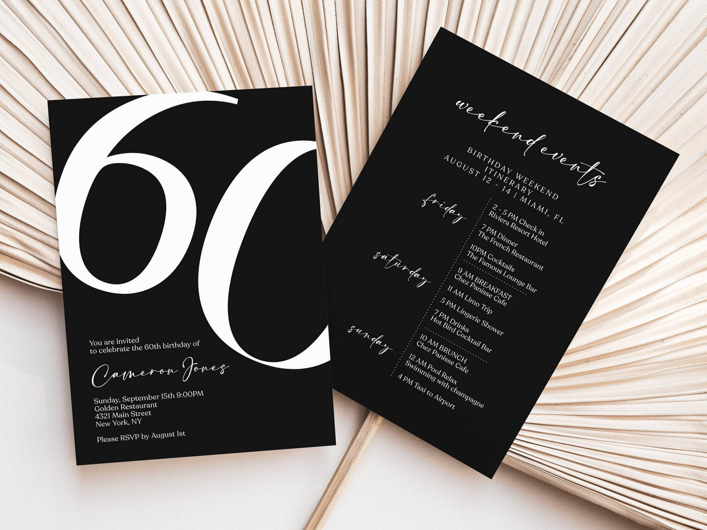 Simple Black 60th Birthday Weekend Itinerary Template – Editable Printable Birthday Weekend Schedule | Minimalist Party Invitation | Instant Download
