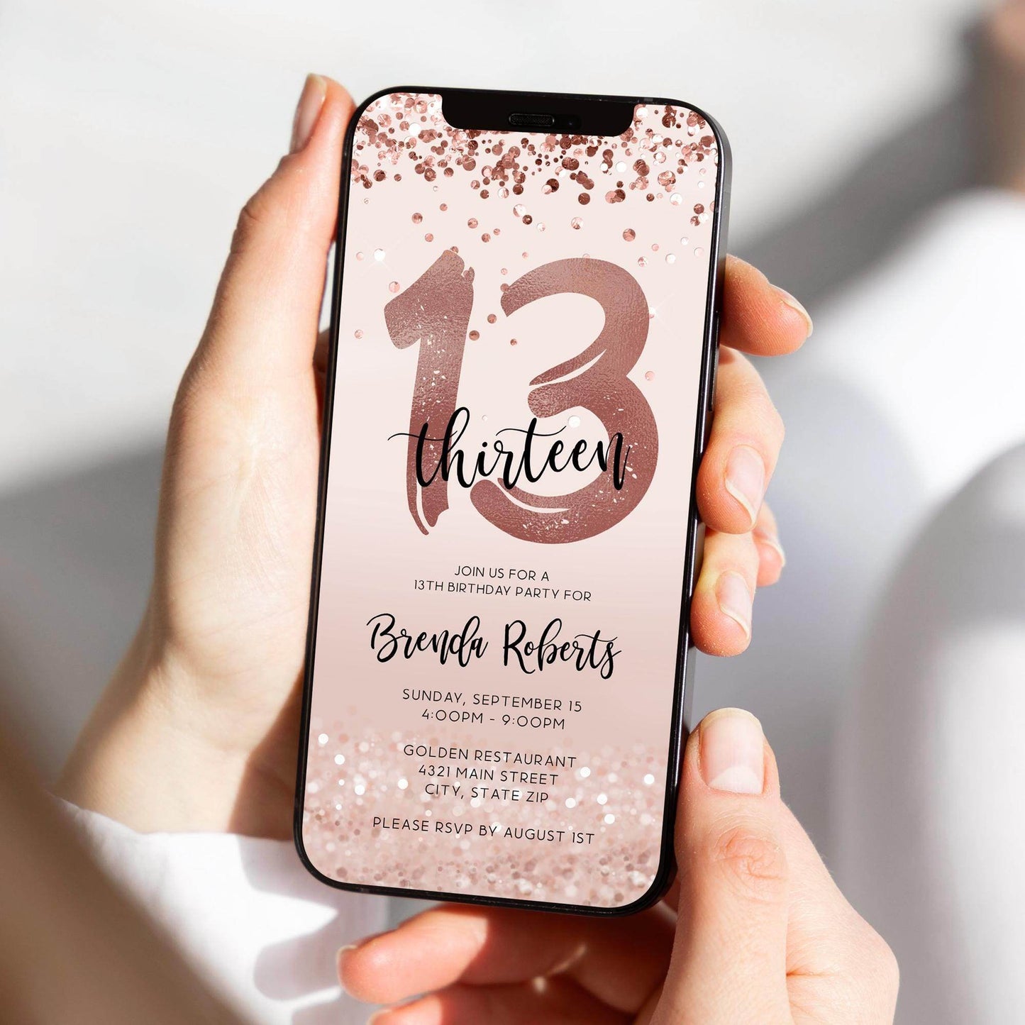 13th Birthday Invitation Template | Pink Rose Gold Confetti Digital Invite | Editable Girl Teen Party Evite | Text Message Electronic Card | Instant Download
