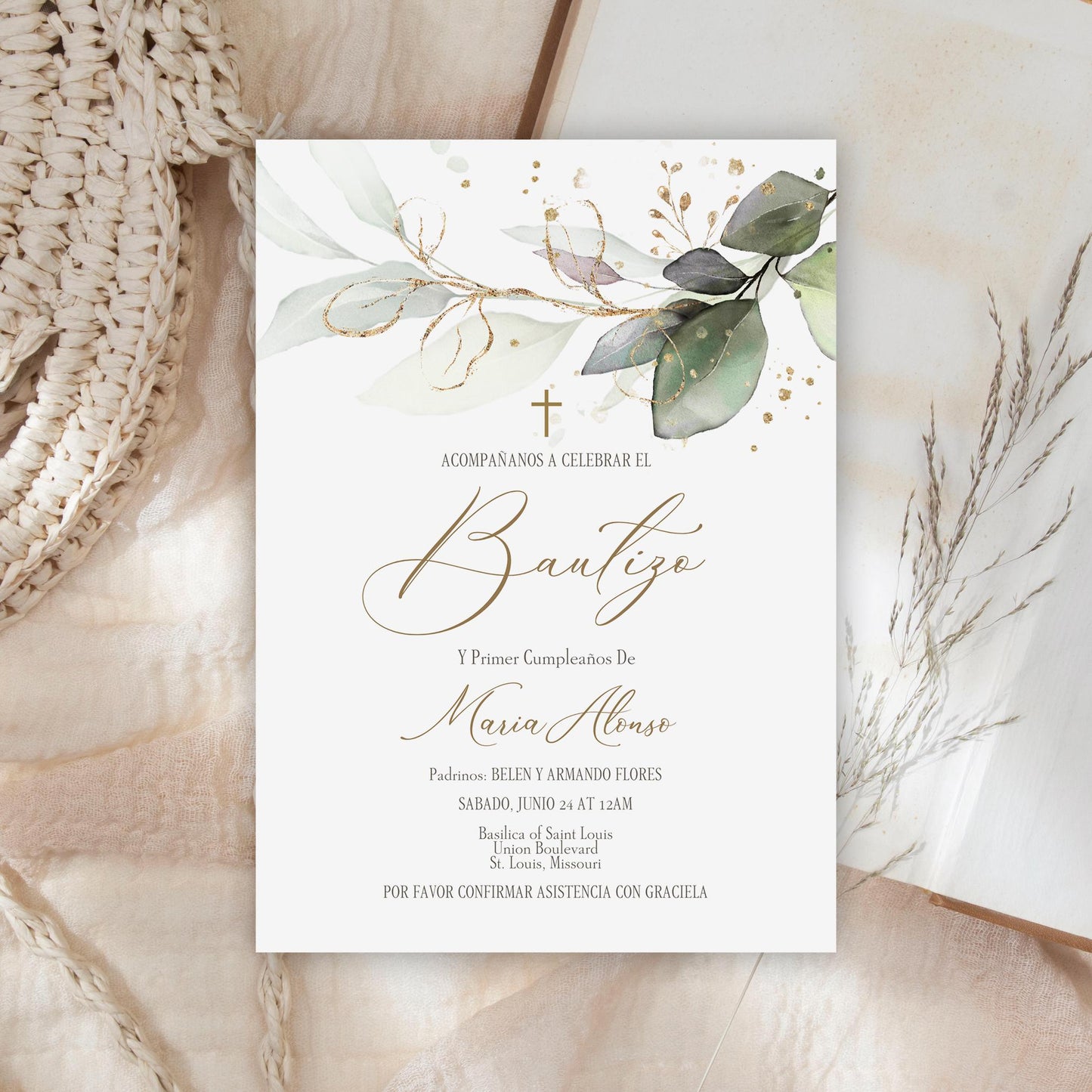 Invitacion de Bautizo, Bautizo Invitations Nino o niña, Invitación en Español, Mi Bautizo Invitation, Greenery Baptism Invitation Template