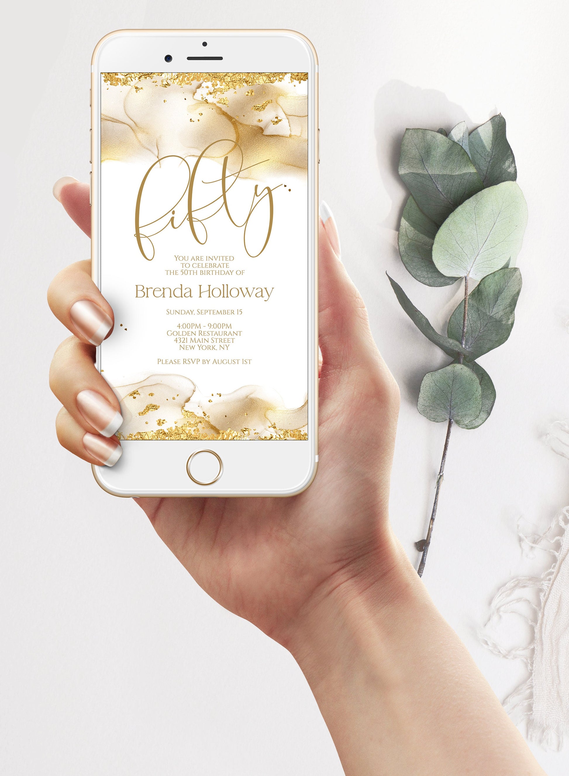 50th Birthday Invitation Template - Gold Foil Design | Instant Download