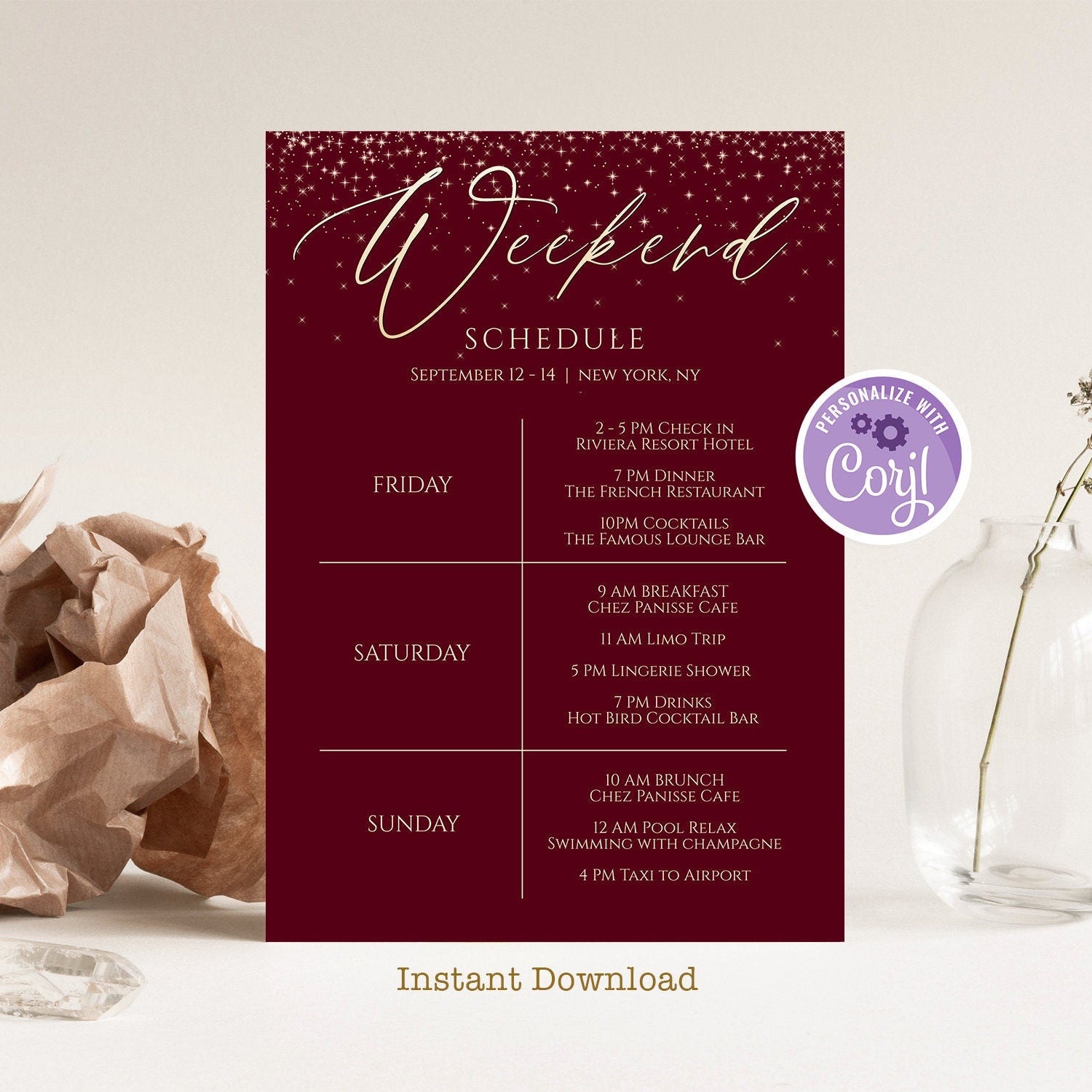 Printable Burgundy Weekend Itinerary Invitation Template, Editable Weekend Itinerary, Hens Party Bachelorette, Birthday Weekend, DIY Digital