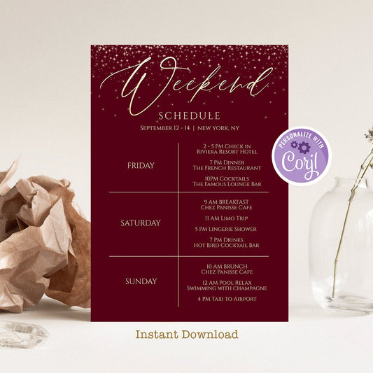Printable Burgundy Weekend Itinerary Invitation Template, Editable Weekend Itinerary, Hens Party Bachelorette, Birthday Weekend, DIY Digital
