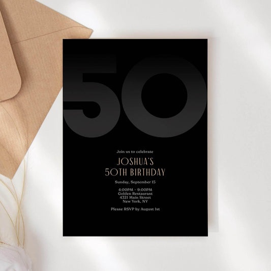 Black 50th Birthday Invitation Template – Editable Modern Party Invite for Him | Printable Elegant Men's Birthday Invitation | Instant Digital Download