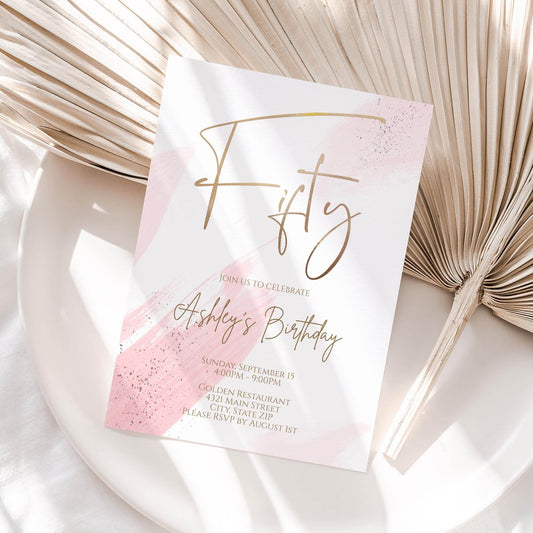 50th Birthday Invitation Template, Gold Foil Watercolor Invite, Editable 50th Party Card, Digital Download, Any Age Birthday Invitation
