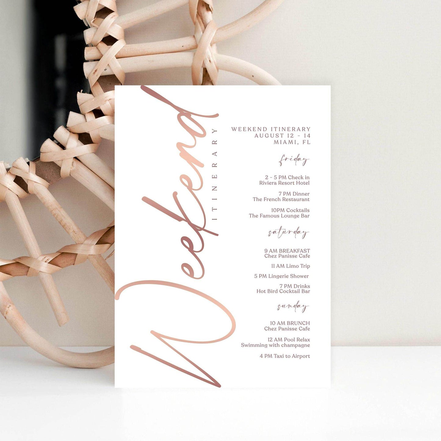 Editable Rose Gold Weekend Itinerary Template – Printable Birthday, Anniversary, or Hen Party Schedule | Digital Download | Email or Text Message Friendly