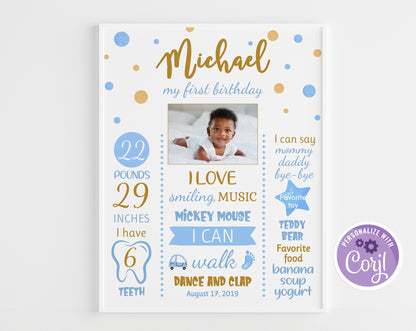 Editable 1st Birthday Poster - Blue and Gold Confetti Design | Instant Download