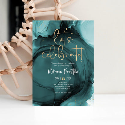 Teal Gold Let's Celebrate Birthday Invitation Template, Printable Birthday Dinner Invite, Any Age Editable Surprise Invite, Digital Download