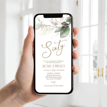 Electronic Sixty 60th birthday Invitation Template, Digital Greenery Eucalyptus Birthday Invite, Editable Template, Phone Text Message Evite