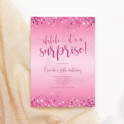 Surprise Birthday Invitation Template - Pink Confetti Design | Instant Download
