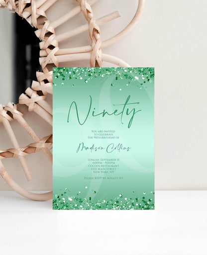 Printable Mint Green 90th Birthday Invitation Template | Editable Digital Mint Birthday Card for Women | Instant Download