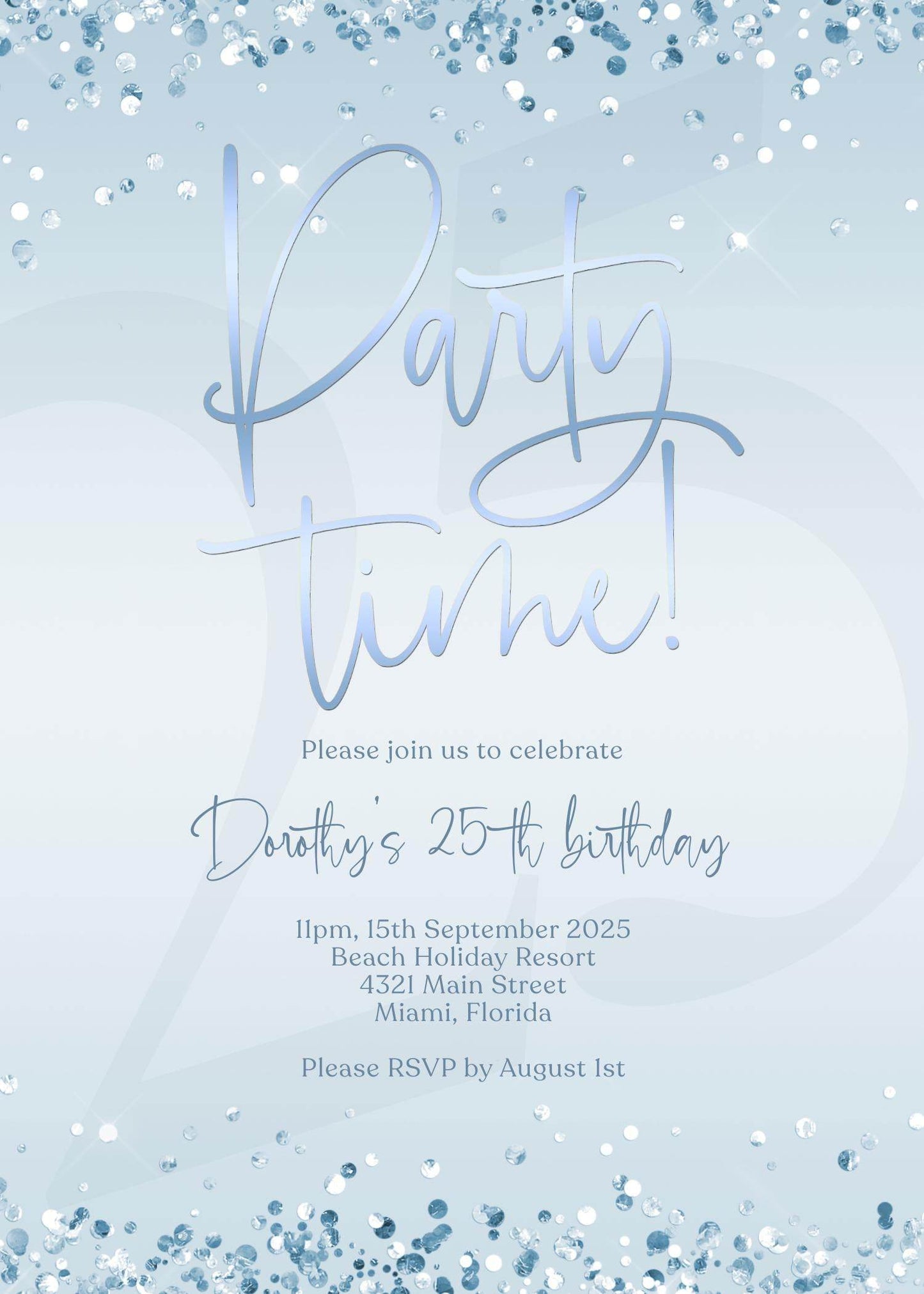 Silver Blue Birthday Invitation – Editable Confetti Party Template – Any Age Invite – Printable or Digital Evite – Instant Download