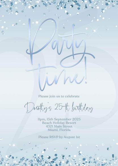 Silver Blue Birthday Invitation – Editable Confetti Party Template – Any Age Invite – Printable or Digital Evite – Instant Download