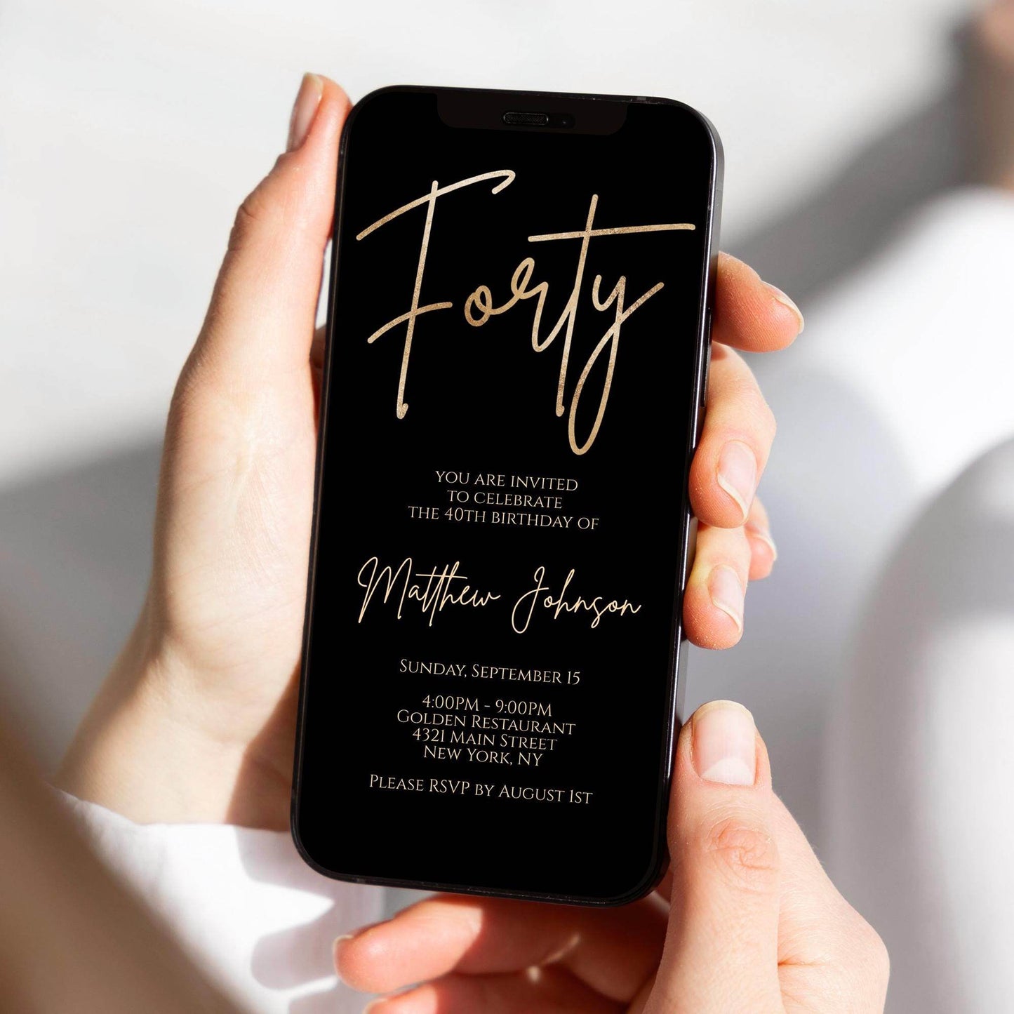 Black 40th Birthday Digital Invitation Template - Editable Text Message Evite - 40th Electronic Phone Invite - Minimalist Birthday E-Invite - Instant Download