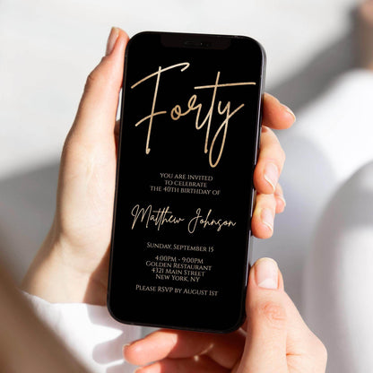 Black 40th Birthday Digital Invitation Template - Editable Text Message Evite - 40th Electronic Phone Invite - Minimalist Birthday E-Invite - Instant Download