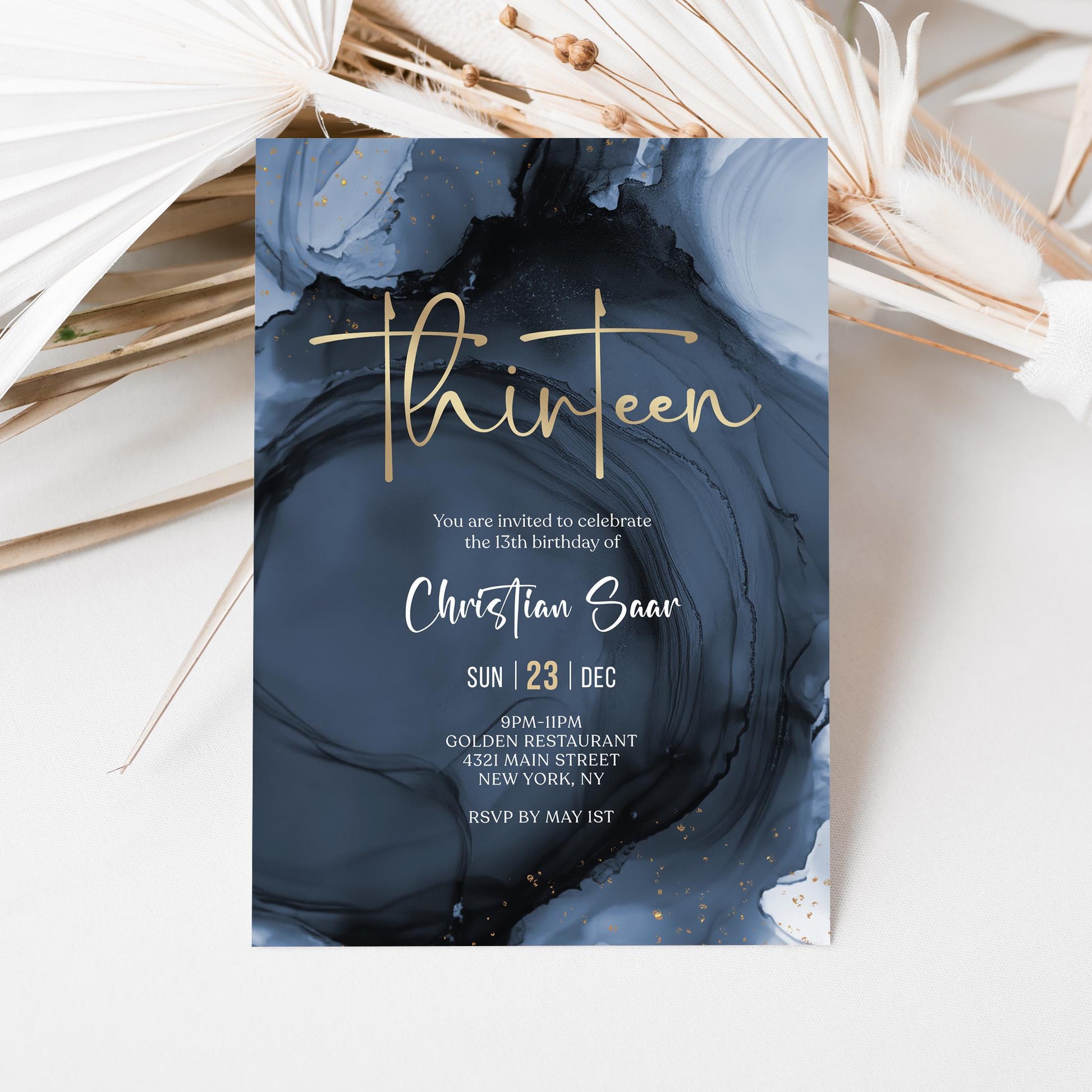 Navy Gold Boy 13th Thirteen Birthday Invitation Template, Printable Birthday Party Invite, Editable Boy Surprise Invite, Digital Download