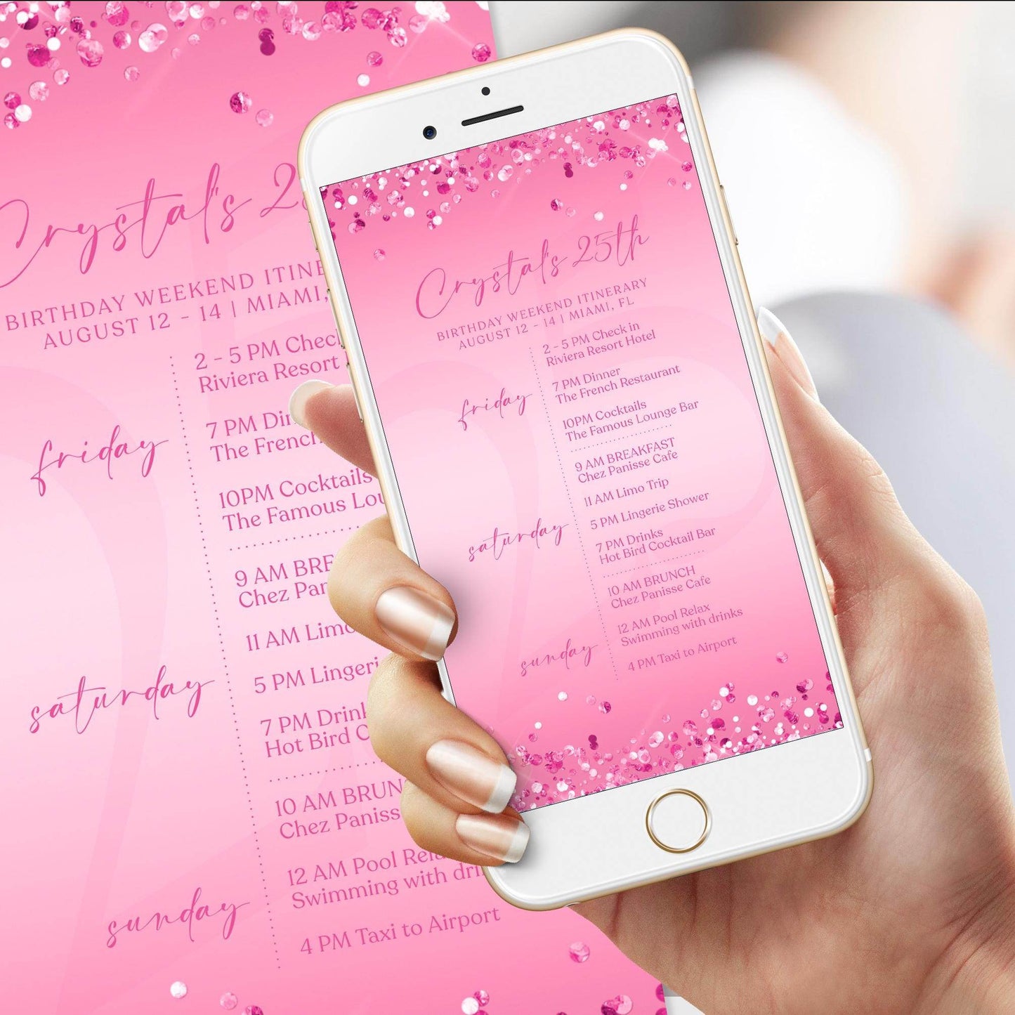Electronic Pink Birthday Weekend Itinerary Template – Editable Fuchsia Event Schedule | Digital Birthday Itinerary Evite | Text Message Invite | Instant Download