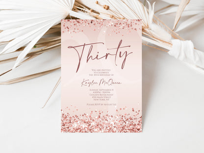 Rose Gold 30th Thirty Invitation Template Printable, Editable Rose Gold Confetti Birthday Invite, Email Text Message, Women Pink Invitation