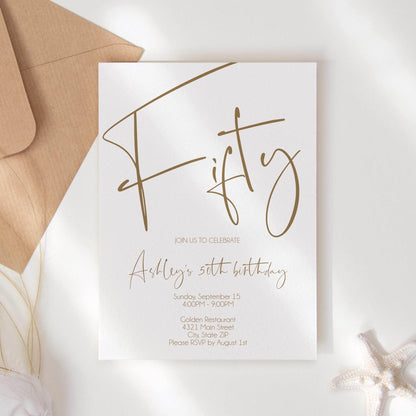 Simple 50th Birthday Invitation Template | Minimalist Editable Fifty Invite | Printable Adult Birthday Card | White Modern Birthday Evite
