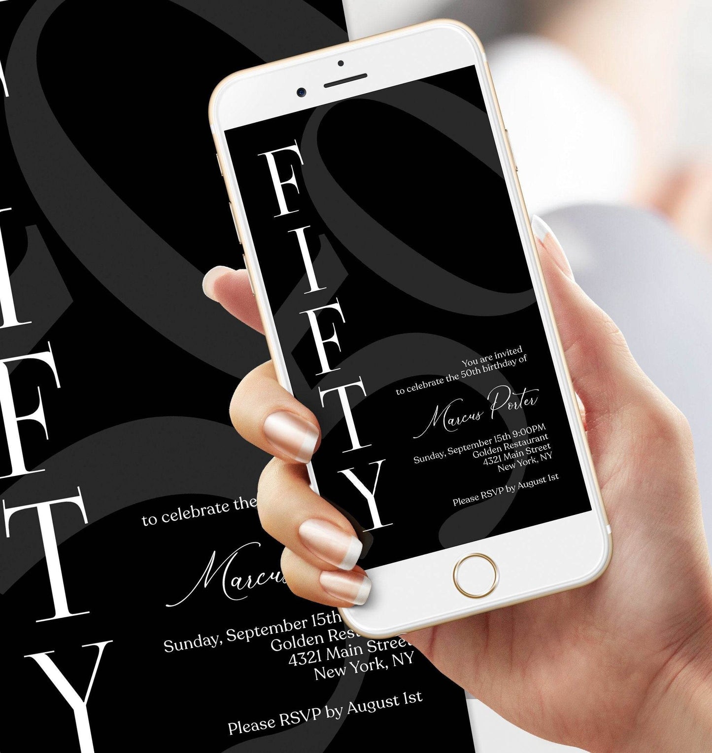 Digital Minimalist Simple Black 50th Fifty Birthday Invitation Template, Editable Any Age Men Invite, Email Text Message Evite, Phone Evite