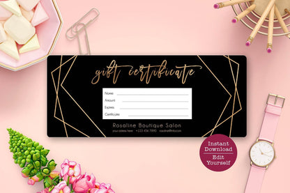 Black Gold Gift Certificate Template | Editable Luxury Gift Card | Printable Voucher for Business or Shop | Digital Coupon | Instant Download