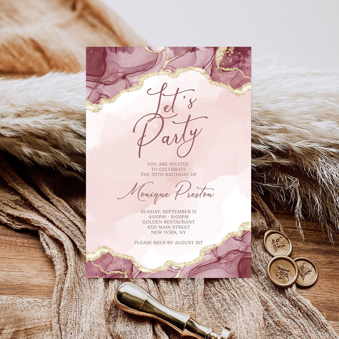 Burgundy Pink Gold Let's Party Invitation | Editable Template - Instant Download