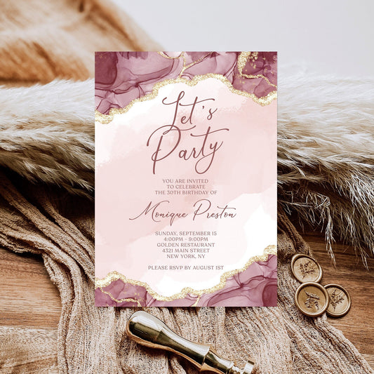 Burgundy Pink Gold Let's Party Invitation | Editable Template - Instant Download