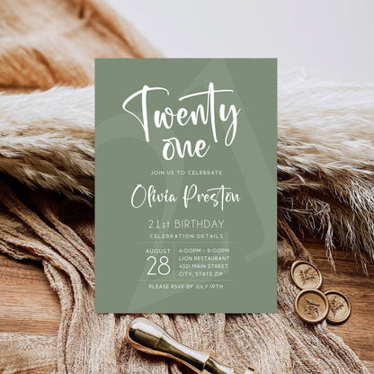 Sage Green 21st Birthday Invitation Template – Simple Editable Twenty One Birthday Invite | Printable Minimalist Text Message Invitation | Instant Download