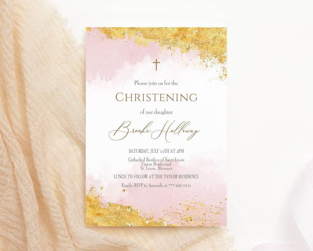 Printable Girl Christening Invitation Template, Editable Pink Gold Baptism Invite, Pink Watercolor Christening Invitation, Instant Download