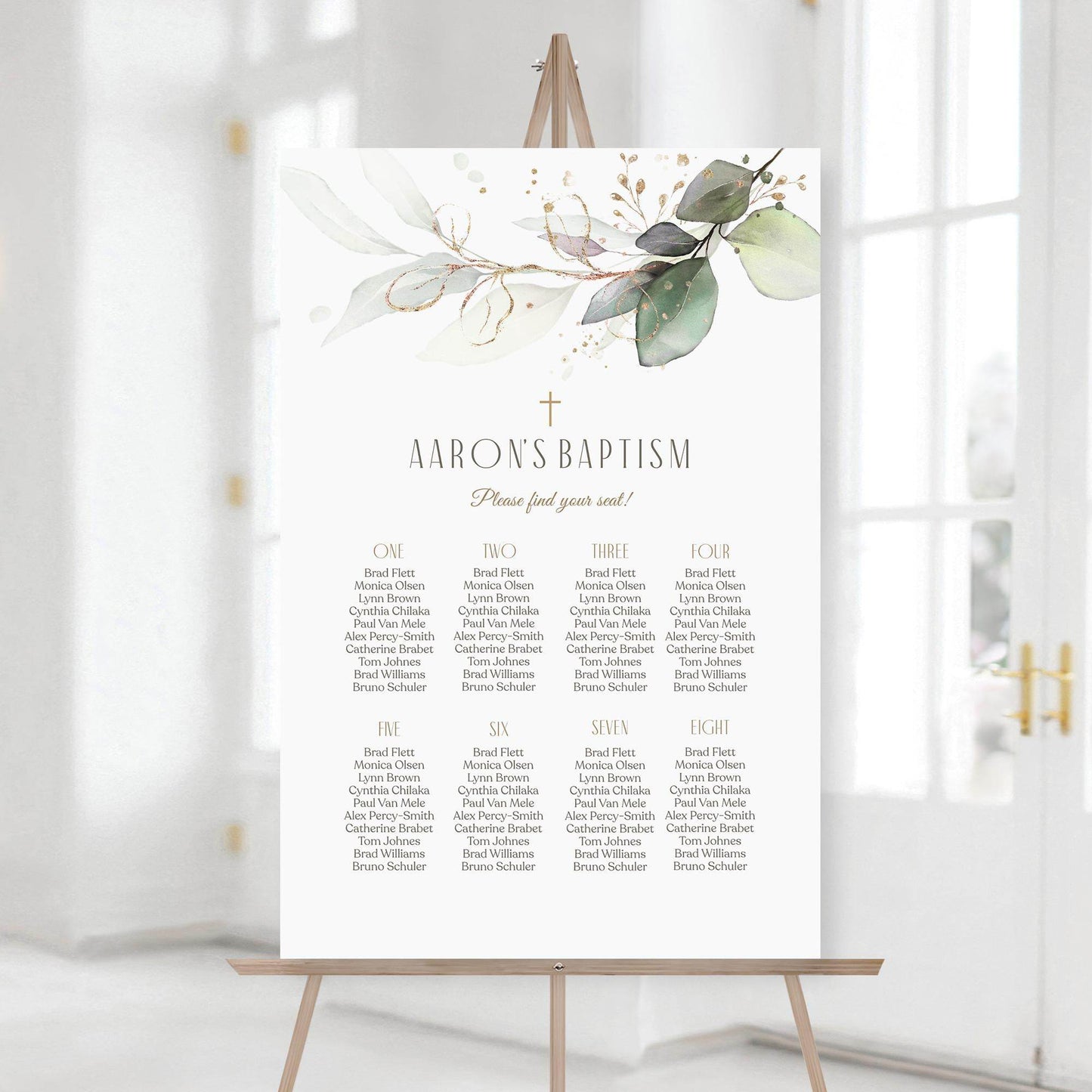 Editable Baptism Seating Chart Template – Elegant Greenery Eucalyptus Seating Plan | Printable Christening Table Sign for Boy or Girl | Instant Download