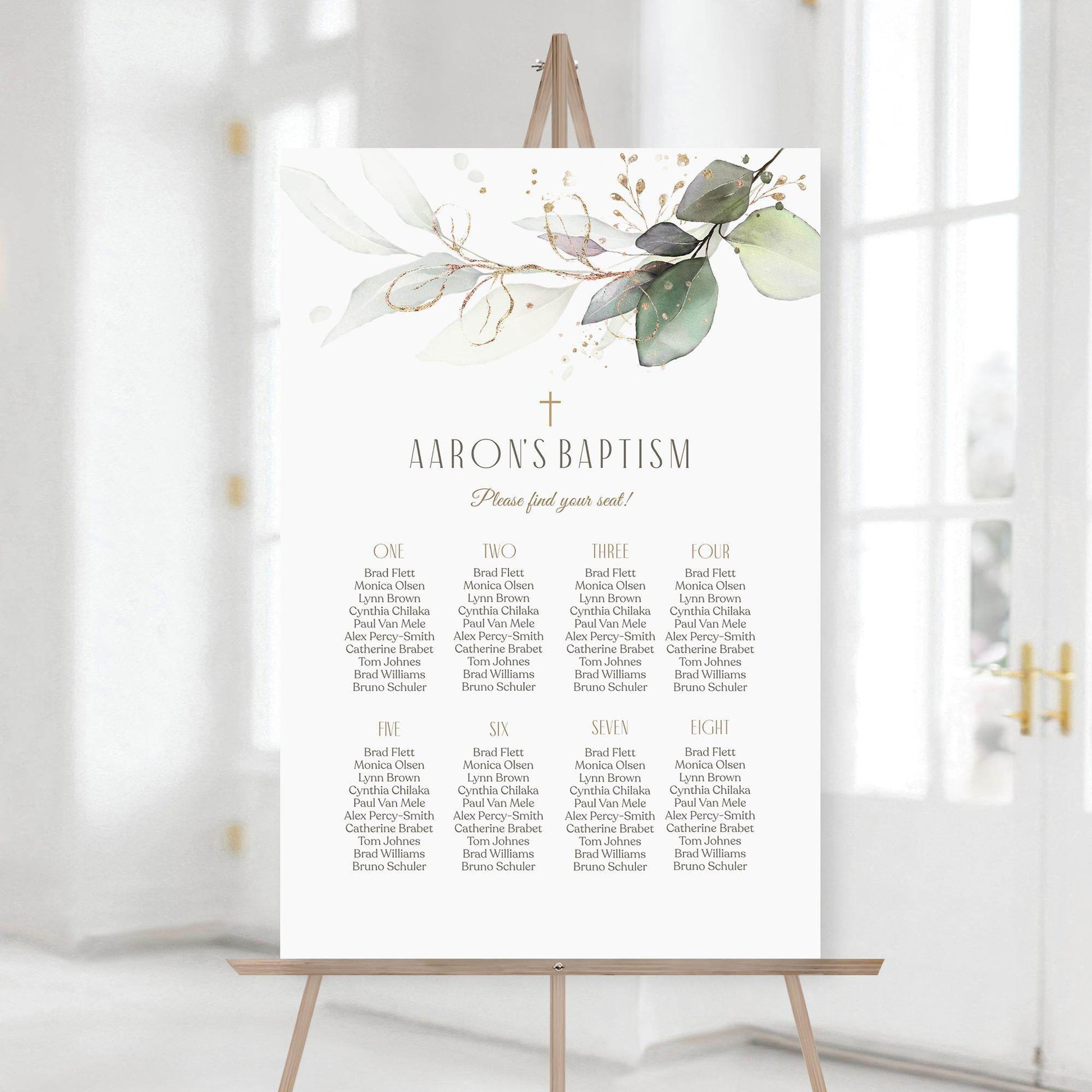 Editable Baptism Seating Chart Template – Elegant Greenery Eucalyptus Seating Plan | Printable Christening Table Sign for Boy or Girl | Instant Download