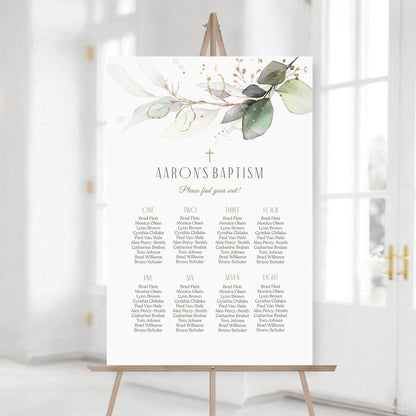 Editable Baptism Seating Chart Template – Elegant Greenery Eucalyptus Seating Plan | Printable Christening Table Sign for Boy or Girl | Instant Download