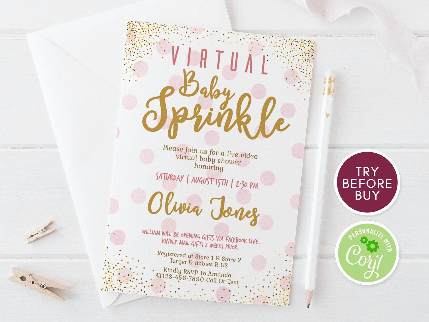 Virtual Baby Sprinkle Invitation Girl, Editable Pink Gold Confetti Shower Invite, Social Distancing Baby Shower, Digital Download