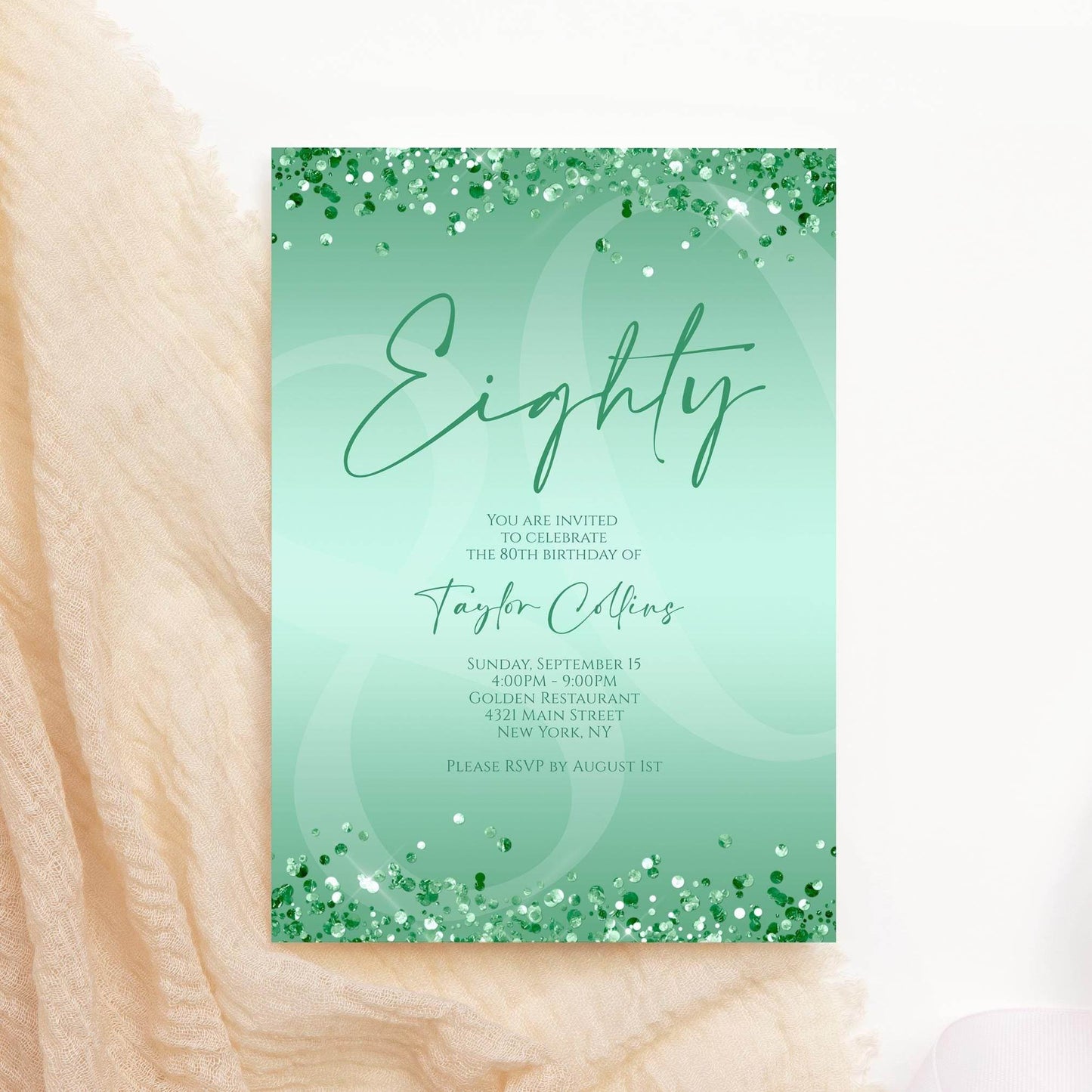 Printable Mint Green 80th Birthday Invitation Template | Editable Digital Mint Birthday Card for Women | Instant Download