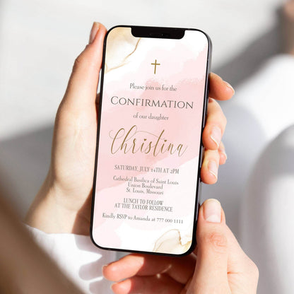 Pink Gold Girl Confirmation Invitation Template, Editable Watercolor Electronic Invite, Digital Confirmation Text Message Evite