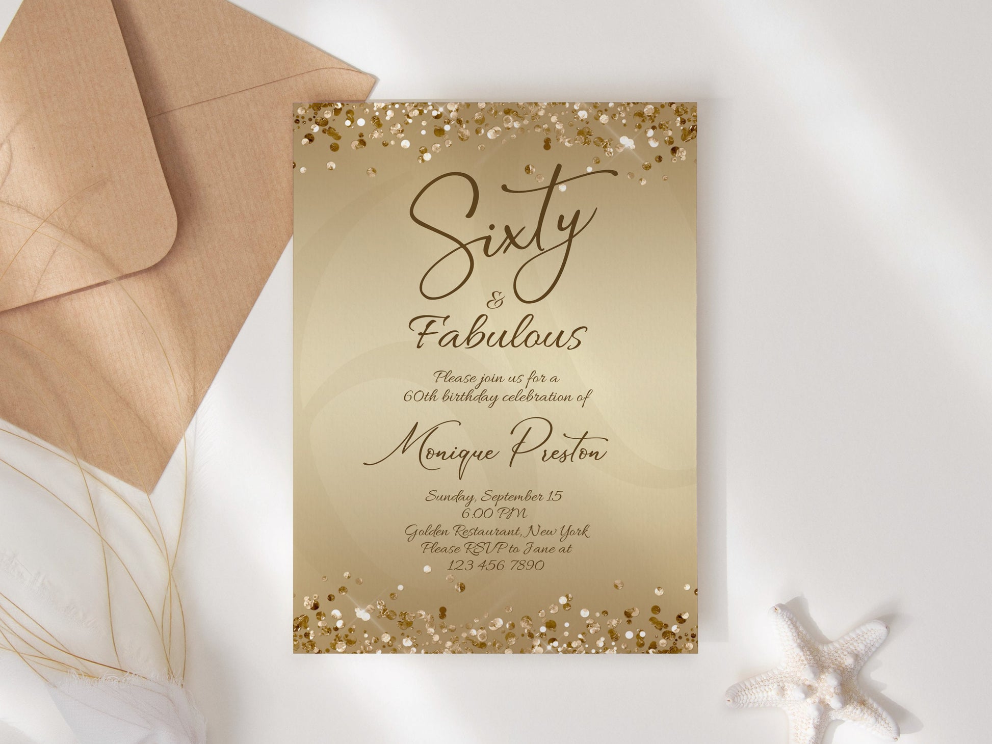 Gold 60th Birthday Invitation - Sixty & Fabulous Surprise Party Invite