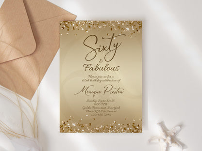Gold 60th Birthday Invitation - Sixty & Fabulous Surprise Party Invite