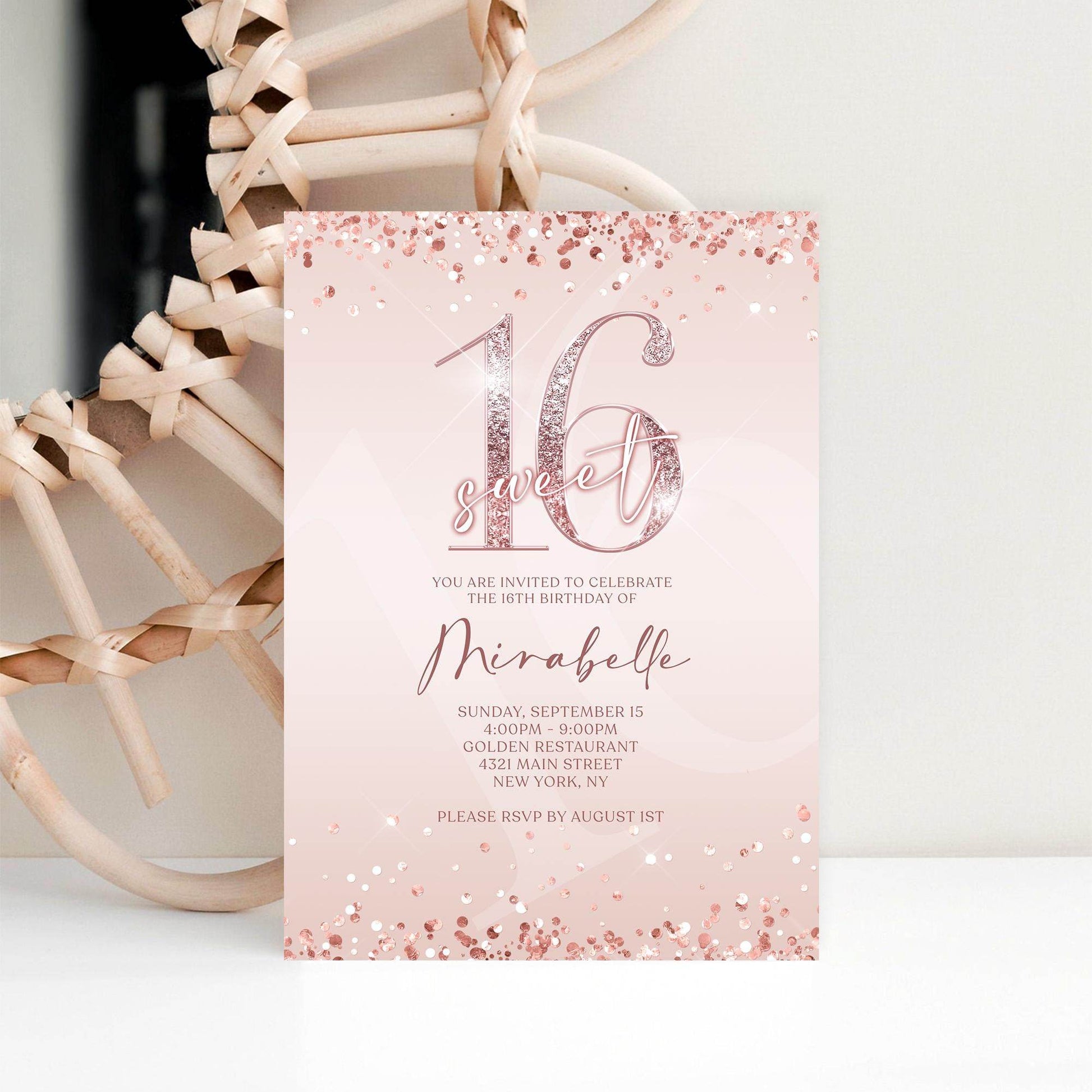Sweet 16 Birthday Invitation – Pink Rose Gold Editable Sixteenth Invite – Text or Email Digital Template – Instant Download