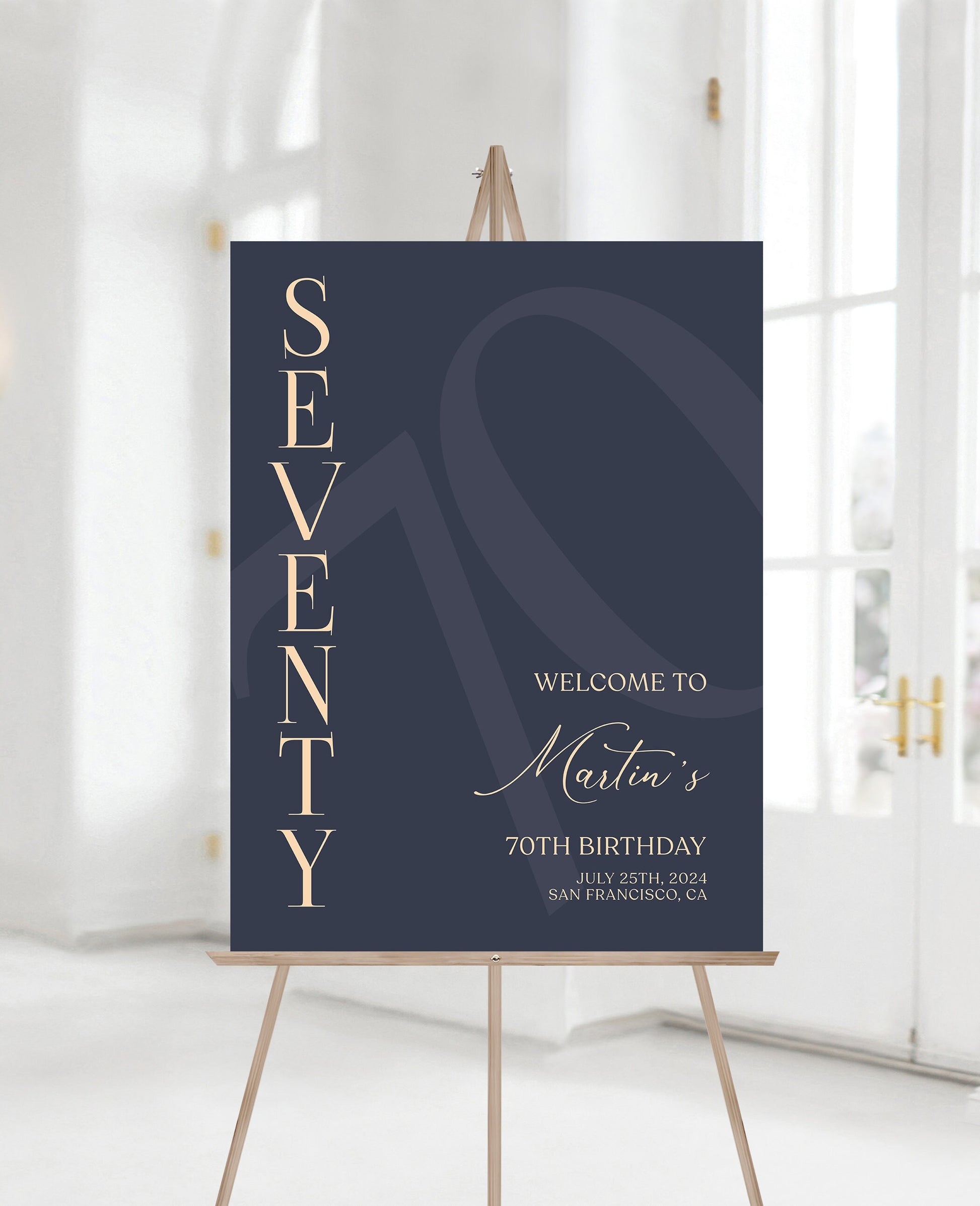 Printable 70th Seventy Birthday Welcome Sign Template, Blue Navy Gold Editable Welcome Sign Poster, Birthday Decorations, DIY Elegant Board