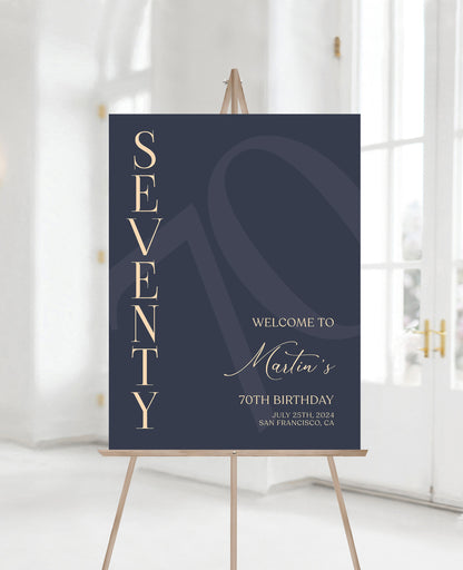 Printable 70th Seventy Birthday Welcome Sign Template, Blue Navy Gold Editable Welcome Sign Poster, Birthday Decorations, DIY Elegant Board