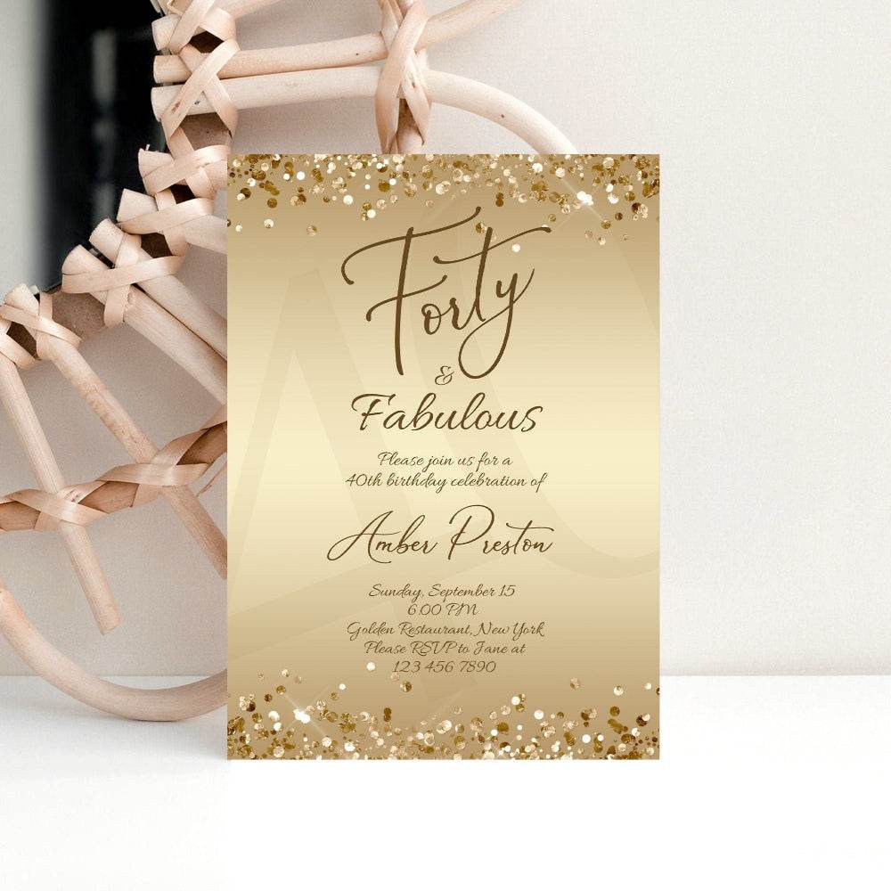 Gold 40th Birthday Invitation for Her – Editable Forty & Fabulous Surprise Party Template | Printable Gold Confetti Invite for Women | Instant Download