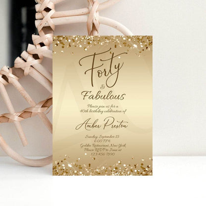 Gold 40th Birthday Invitation for Her – Editable Forty & Fabulous Surprise Party Template | Printable Gold Confetti Invite for Women | Instant Download