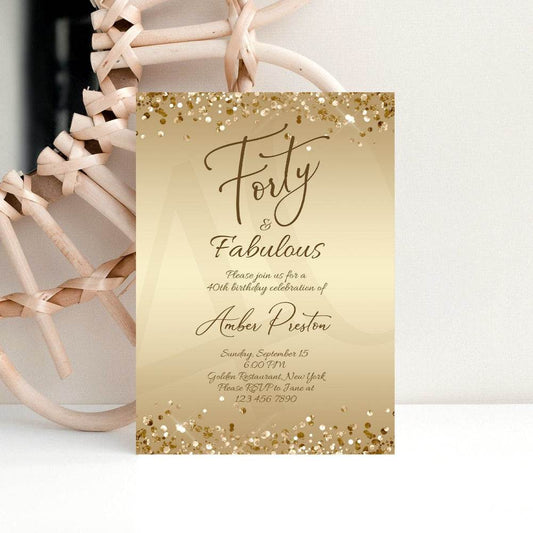 Gold 40th Birthday Invitation for Her – Editable Forty & Fabulous Surprise Party Template | Printable Gold Confetti Invite for Women | Instant Download