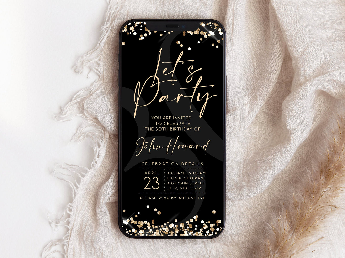 Black Gold "Let’s Party" Digital Invitation | Editable Text Message Evite | Mobile Birthday Invite Template | Instant Download